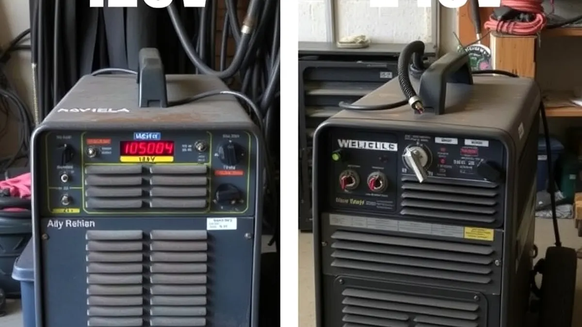 A comparison of 120V and 240V welding machines in a workshop