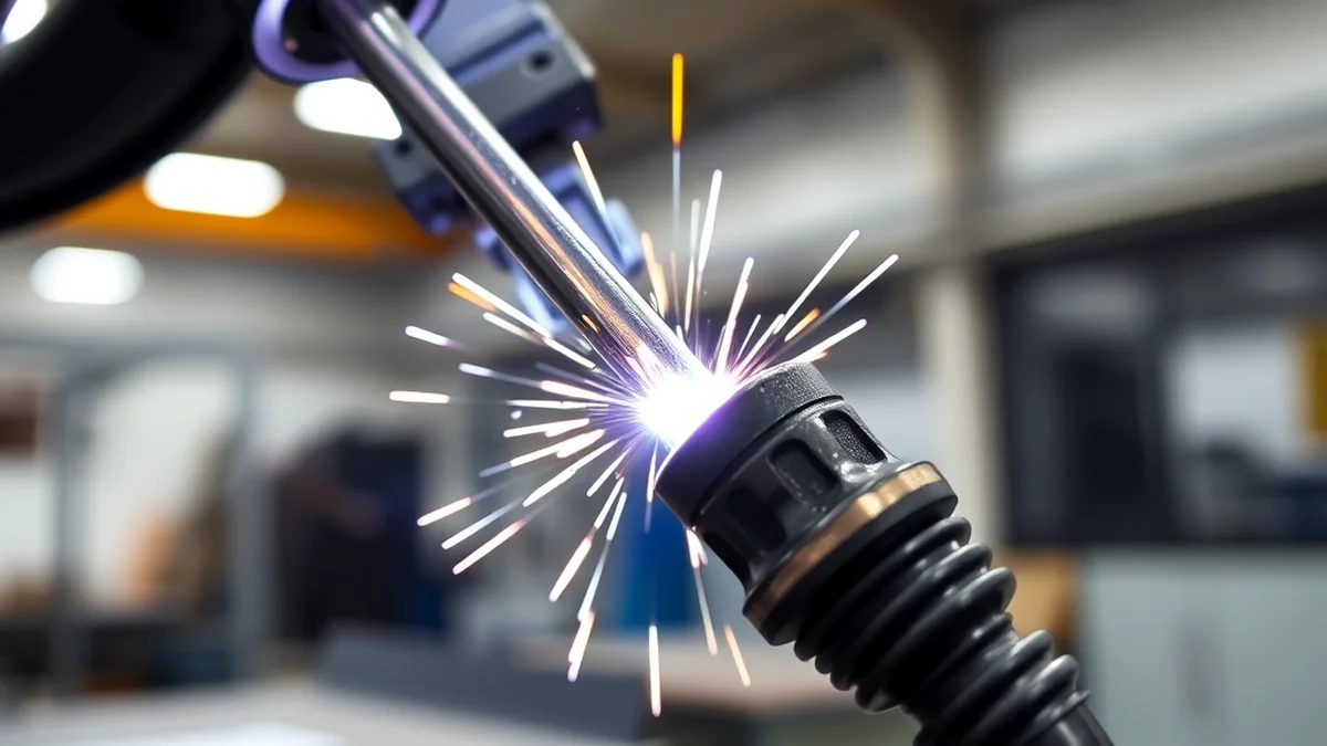 Close-up of 1/4 inch arc welding rod being fed into welding machine