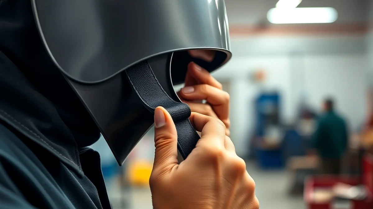 welder inspecting helmet strap and headgear