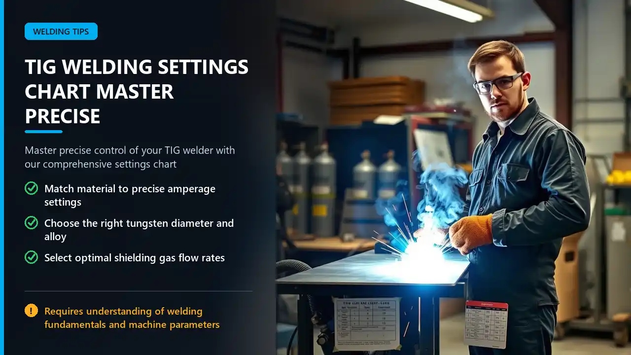 TIG welder in workshop with settings chart