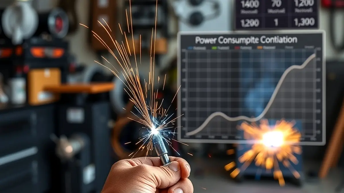 A person welding in a garage workshop with a chart showing power consumption data