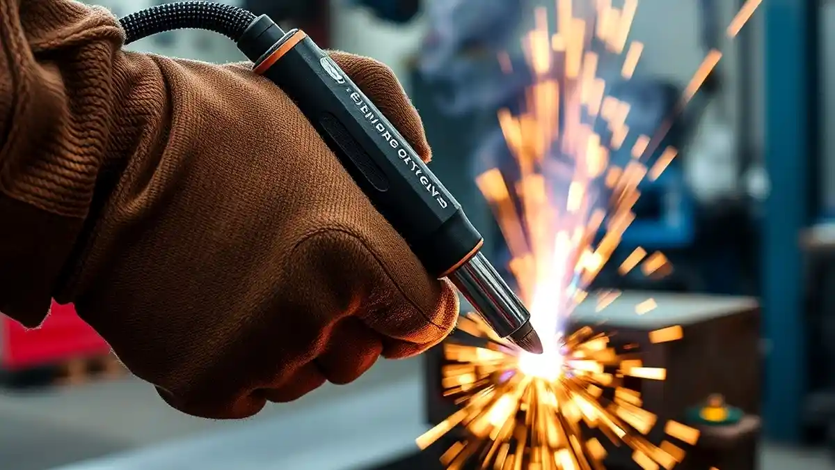 welder holding torch and gloves