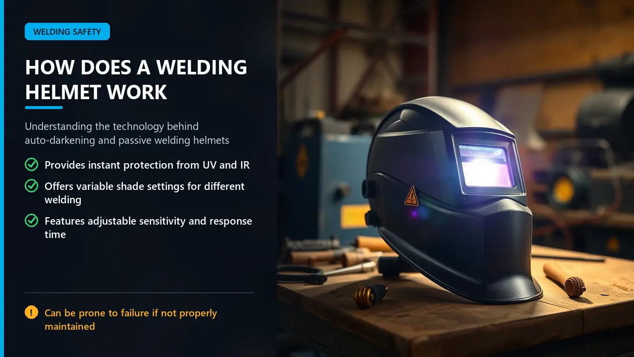 Welding helmet in a workshop setting