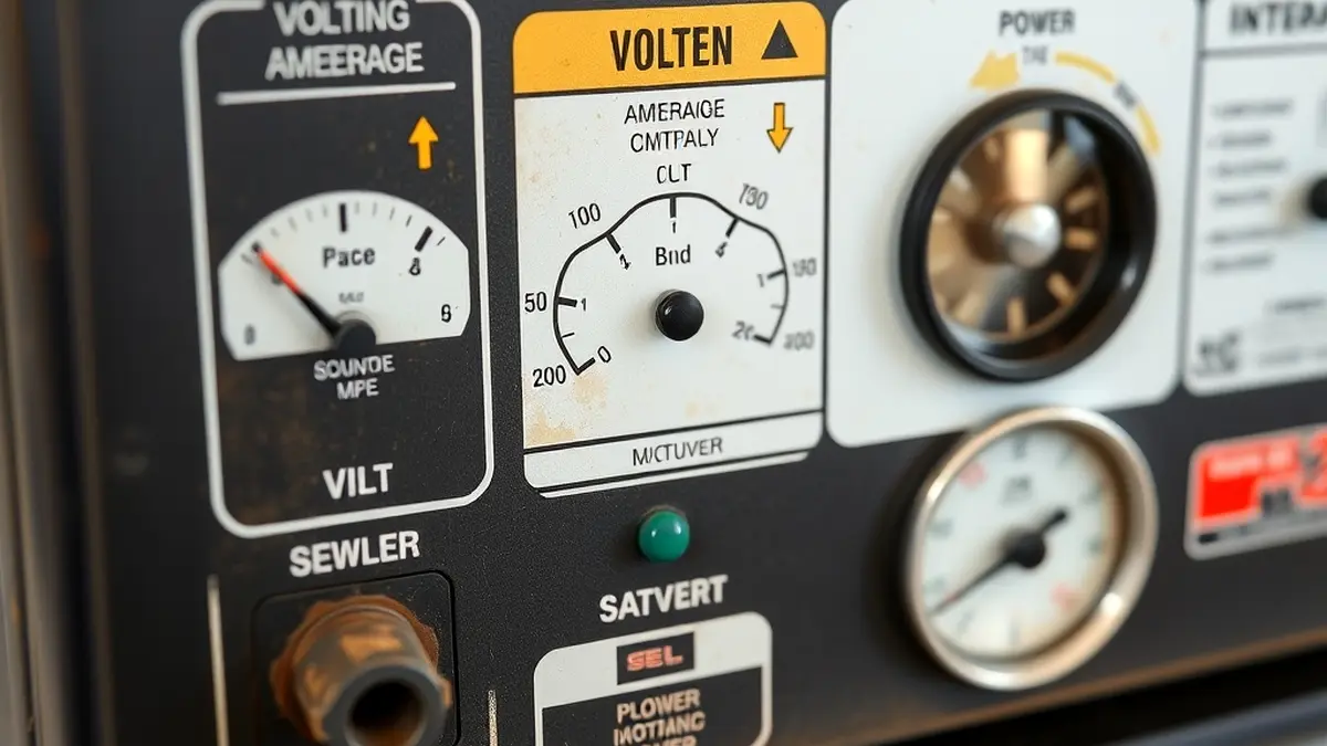 A close-up of a welding machine's control panel with power consumption data